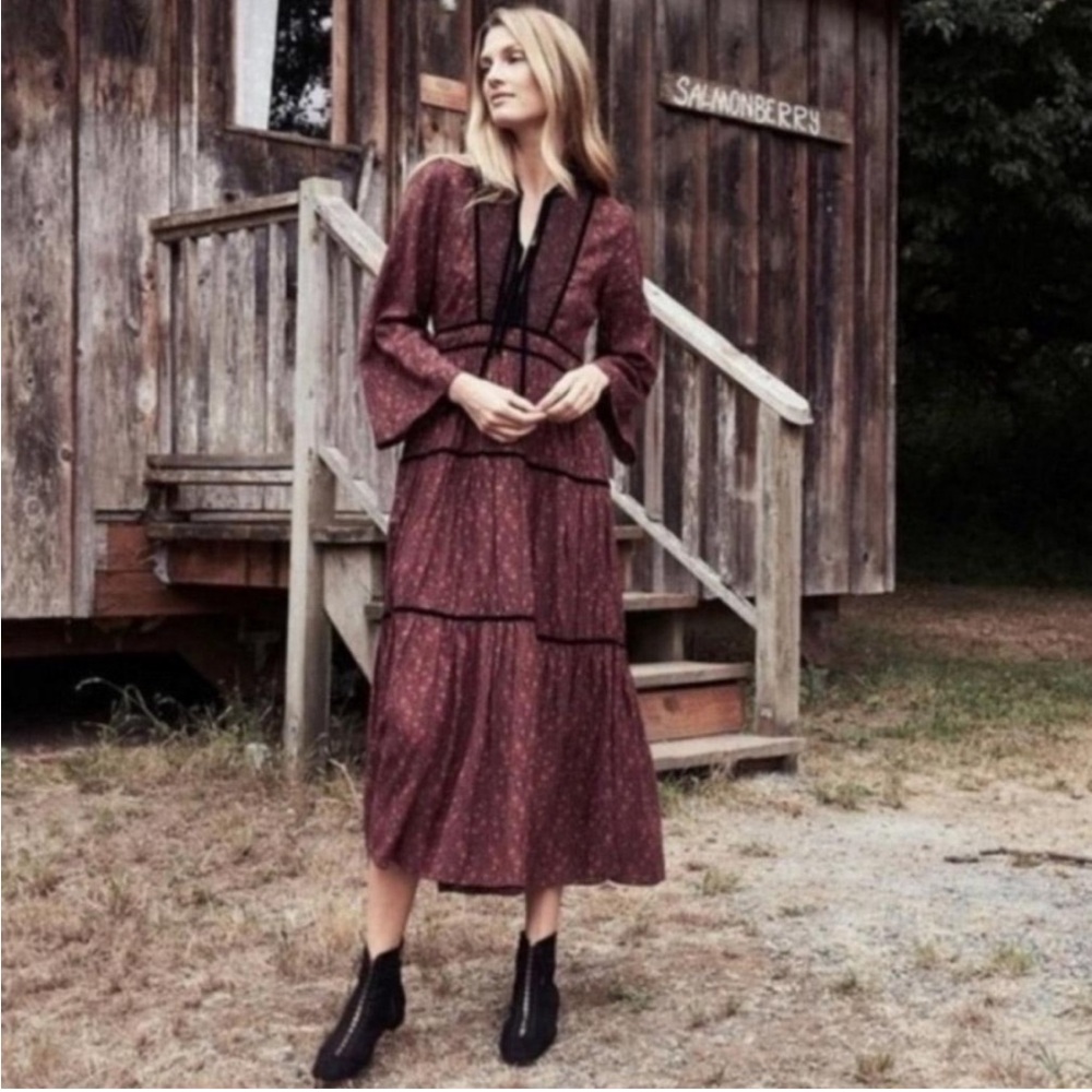 Doen Burgundy Floral Tiered Midi Dress with Black Trim